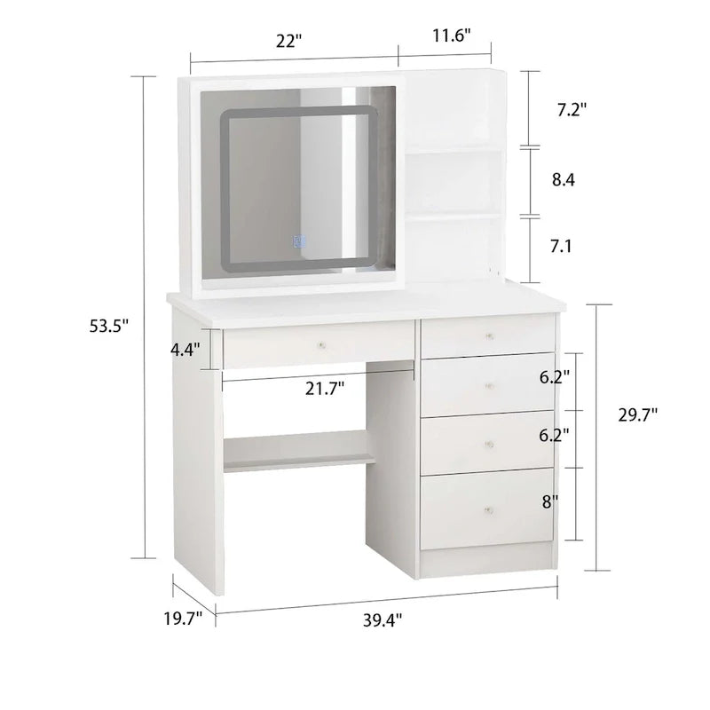 White Makeup Vanity Set with LED Mirror and Stool - 39.4" Wide