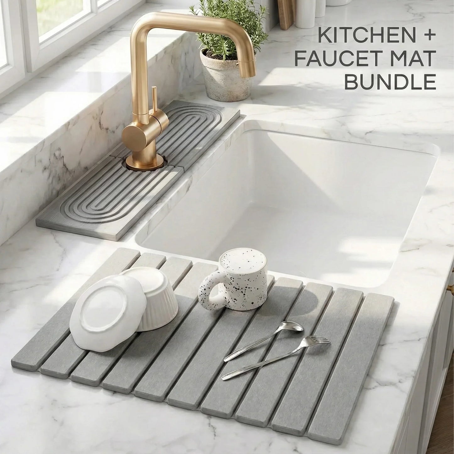Vtlan™ InstaDry Diatomite Faucet Stone Mat - Ultra-Absorbent 2-Piece Sink Drying Pad
