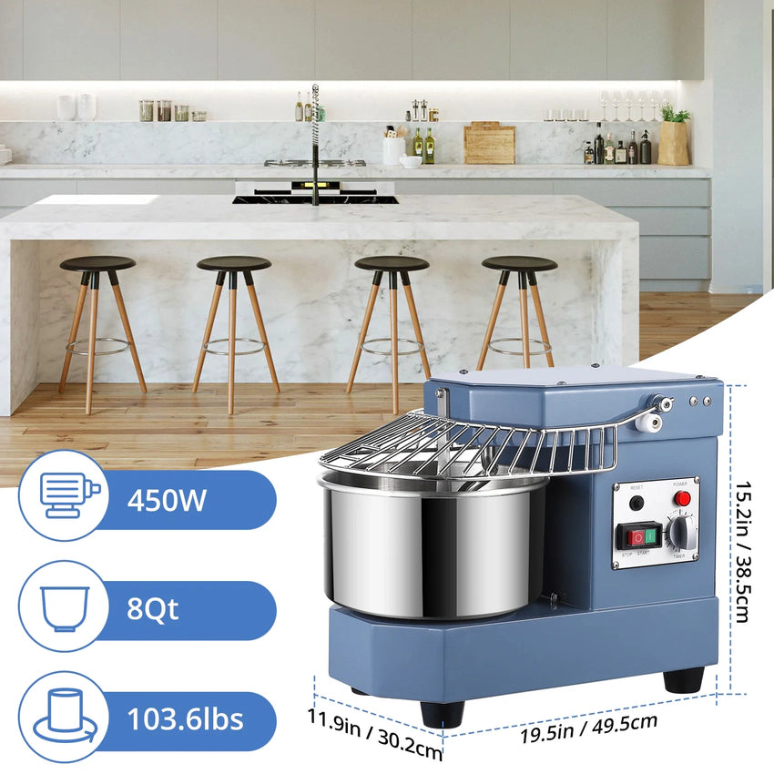 2025 8Qt Commercial Food Mixer, 450W Dual Rotating Dough Kneading Machine w Food-grade Stainless Steel Bowl, Security Shield & Timer, Commercial
