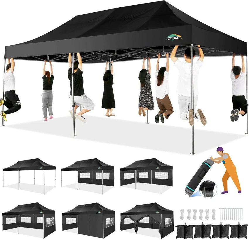 COBIZI 10x20 Heavy Duty Pop up Canopy Tent with 6 sidewalls Easy Up Commercial Outdoor Canopy Wedding Party Tents for Parties All Season Wind & Waterproof Gazebo with Roller Bag,Black(Frame Thickened)