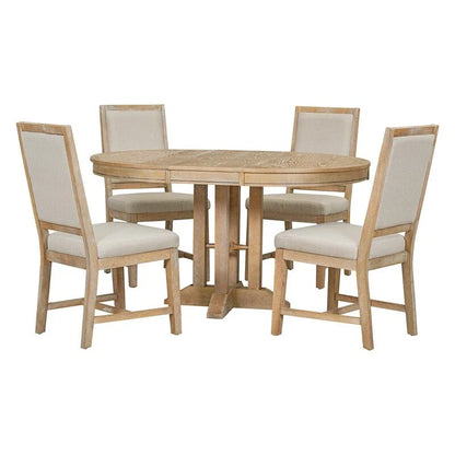 5-Piece Dining Set Extendable Round Table and 4 Upholstered Chairs Farmhouse Dining Set for Kitchen, Dining Room