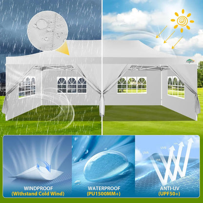 COBIZI 10x20 Heavy Duty Pop up Canopy Tent with 6 sidewalls Easy Up Commercial Outdoor Canopy Wedding Party Tents for Parties All Season Wind & Waterproof Gazebo with Roller Bag,Black(Frame Thickened)