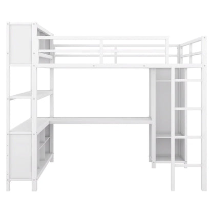 Off-White Metal Loft Bed with Desk and Wardrobe - Full Size