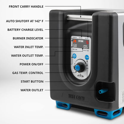 2025 Portable Propane Water Heater & Shower Pump w/Built-in Battery | Compact Outdoor Cleaning & Showering System w/LCD, Safety Shutoff & Carry Case, Instant Hot Water for Camping & Hiking