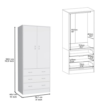 19 Modern Double-door Armoire with 3 Drawers and 1 Hanging Rod for Bedroom