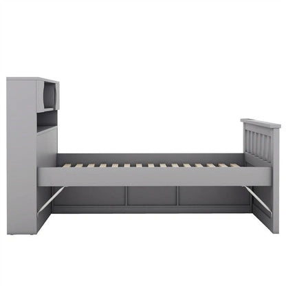 Twin/Full Size Captain Platform Bed with 4 Drawers and Storage Shelves, Solid Wood Bed Frame with Storage Bookcase Headboard