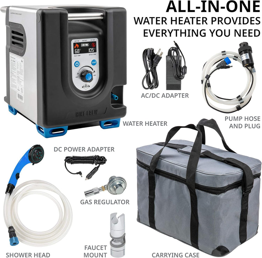 2025 Portable Propane Water Heater & Shower Pump w/Built-in Battery | Compact Outdoor Cleaning & Showering System w/LCD, Safety Shutoff & Carry Case, Instant Hot Water for Camping & Hiking
