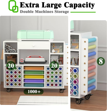 2025 Craft organization and storage Cart Compatible with Cricut Machine, Rolling Craft Organizer With large drawer & 48 Vinyl Roll Holder, Crafting Cabinet Table Workstation for Craft Room Home