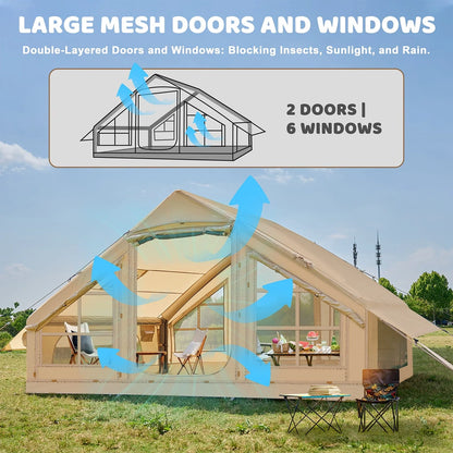 6 Person Inflatable Camping Tent with Pump, 10ft x7ft Glamping Family Tent Easy Setup 4 Season Waterproof Windproof Outdoor Blow Up Tent Luxury Oxford Cabin with Mesh Windows & Doors  sgtnighsdesigns