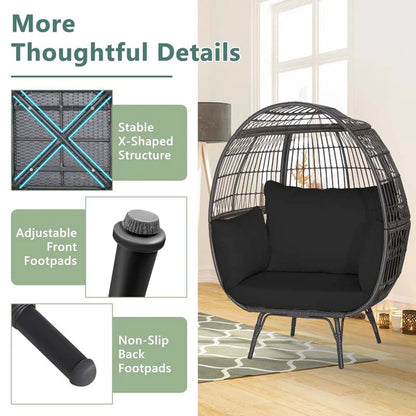 Oversized Wicker Egg Chair with 4 Cushions, Steel Frame Basket Chair Indoor Outdoor Patio Lounge Chair