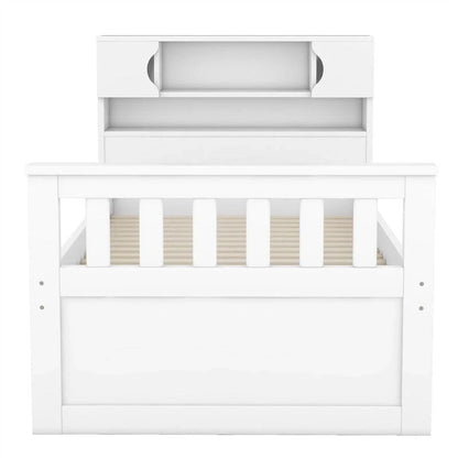 Twin/Full Size Captain Platform Bed with 4 Drawers and Storage Shelves, Solid Wood Bed Frame with Storage Bookcase Headboard