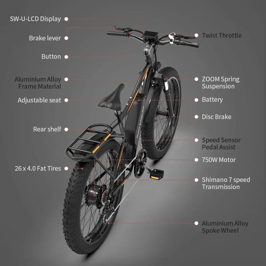 26 In.48V 13Ah 750W Mountain Electric Bikes for Adults Men, 26"x4.0 Fat Tire Electric Bicycle 7 speeds Gear Outdoor Ebikes, Black,S48