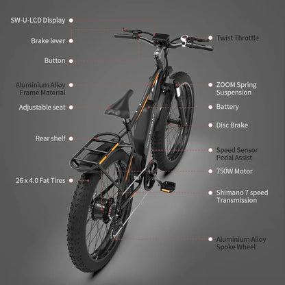 26 In.48V 13Ah 750W Mountain Electric Bikes for Adults Men, 26"x4.0 Fat Tire Electric Bicycle 7 speeds Gear Outdoor Ebikes, Black,S48