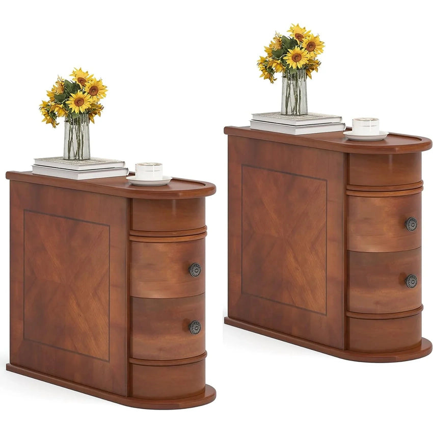 Solid Wood Chairside End Table, Two-Drawer Narrow Side Table Slim