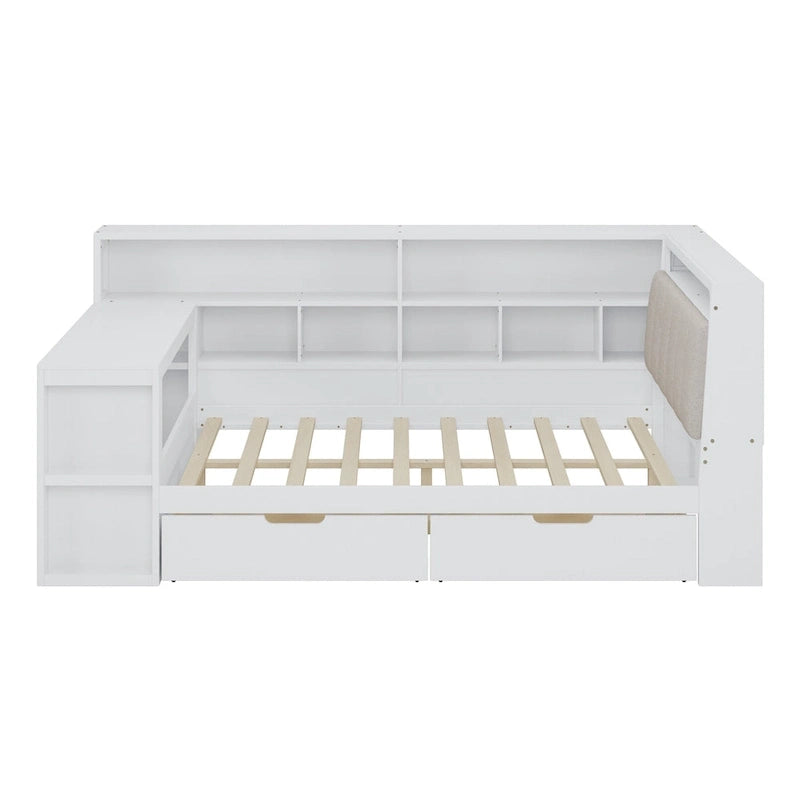 L-shaped Wooden Sofa Daybed with Desk, Bookcase Cabinet, Corner Bed with Under-bed Drawers, Upholstered Headboard Built-in Light