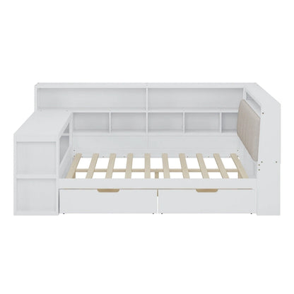 L-shaped Wooden Sofa Daybed with Desk, Bookcase Cabinet, Corner Bed with Under-bed Drawers, Upholstered Headboard Built-in Light