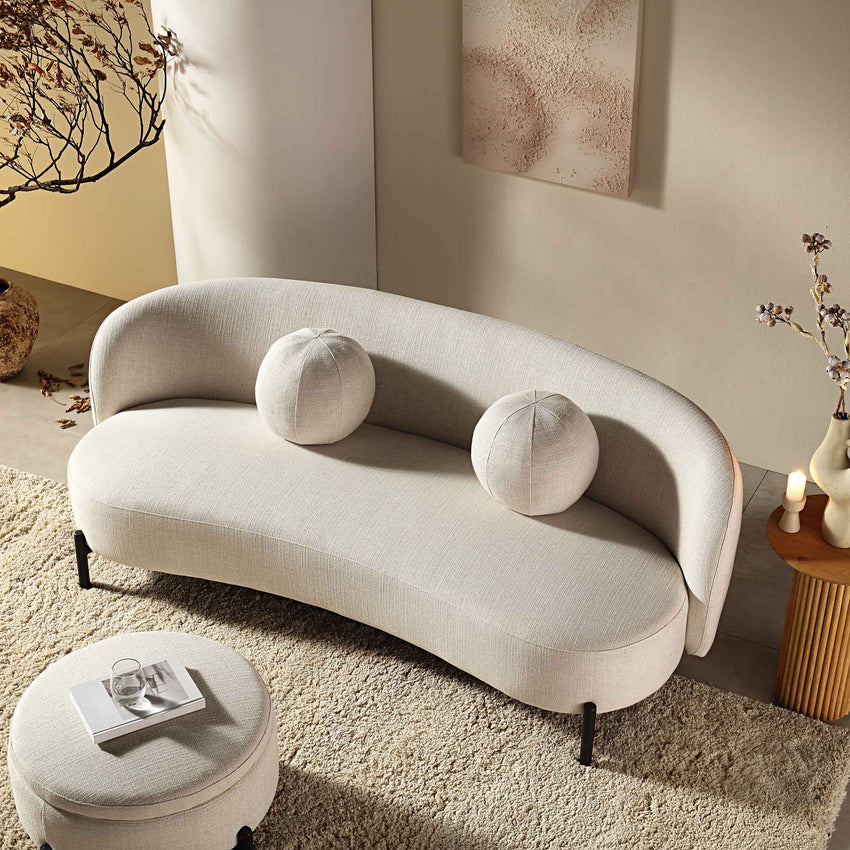 3-Seater Curved Sofa with Ball Cushions, Beige Linen Blend
