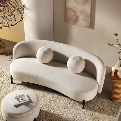 3-Seater Curved Sofa with Ball Cushions, Beige Linen Blend