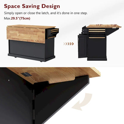 54 Large Kitchen Island with Rubber Wood Drop Leaf, Embossed Texture Rolling Kitchen Cart on 4 Wheels with 4 Doors & 3 Drawers