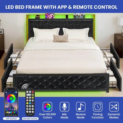 Moasis Queen Size PU Bed Frame LED Upholstered Platform Bed Frame