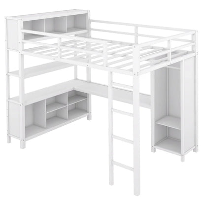 Off-White Metal Loft Bed with Desk and Wardrobe - Full Size
