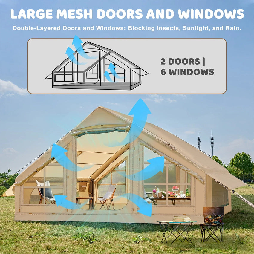 2025 6 Person Inflatable Camping Tent with Pump, 10ft x7ft Glamping Family Tent Easy Setup 4 Season Waterproof Windproof Outdoor Blow Up Tent Luxury Oxford Cabin with Mesh Windows & Doors sgtnighsdesigns