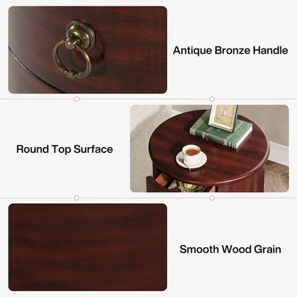 No Assembly Solid Wood End Table, Vintage Round Side Drawers Table