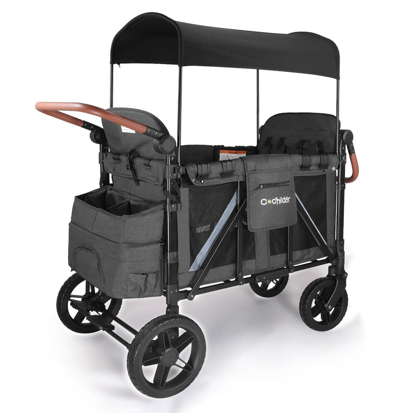 All-Terrain 4 Seater Wagon Stroller for Kids - Heavy-Duty 300lb Capacity, One-Hand Fold Design, High Seats with 5-Point Harness, Adjustable Canopy and Handlebars, Light Grey