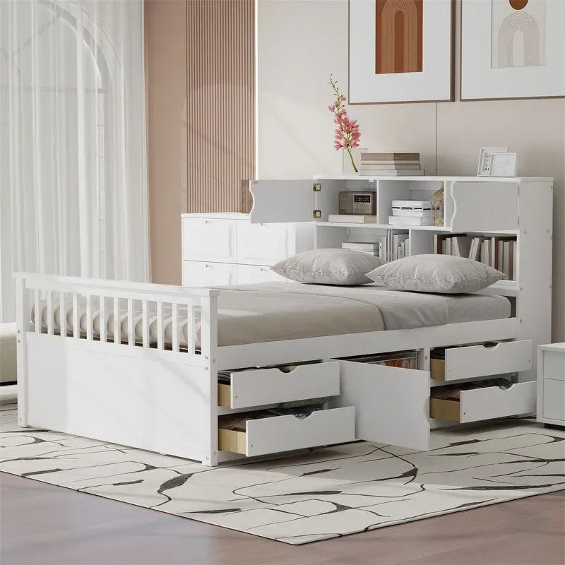 Twin/Full Size Captain Platform Bed with 4 Drawers and Storage Shelves, Solid Wood Bed Frame with Storage Bookcase Headboard
