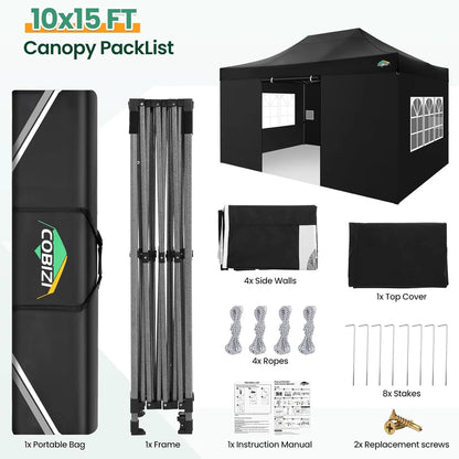 COBIZI 10x20 Heavy Duty Pop up Canopy Tent with 6 sidewalls Easy Up Commercial Outdoor Canopy Wedding Party Tents for Parties All Season Wind & Waterproof Gazebo with Roller Bag,Black(Frame Thickened)