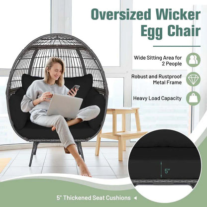 Oversized Wicker Egg Chair with 4 Cushions, Steel Frame Basket Chair Indoor Outdoor Patio Lounge Chair