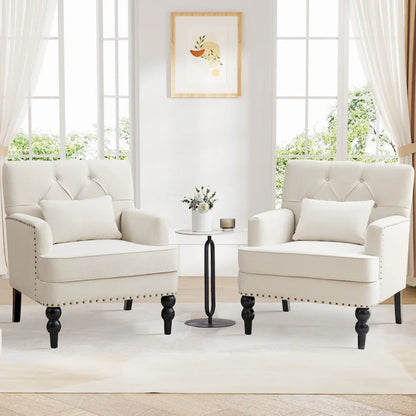 Set of 2 Arm Chair Upholstered Button Tufted Accent Chair with Lumbar Pillow Beige/ Grey/ Light Blue