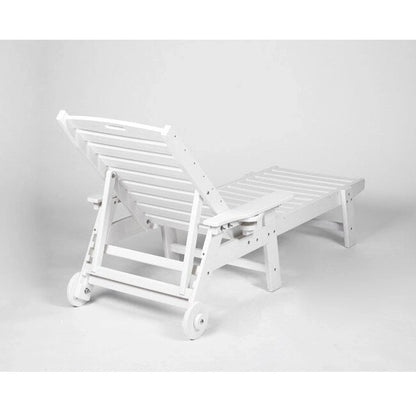 3-Piece Patio Set  2 Oversized Chaise Lounges (5-Position, Wheels, Cup Holder) + Side Table, All-Weather Wood Texture.