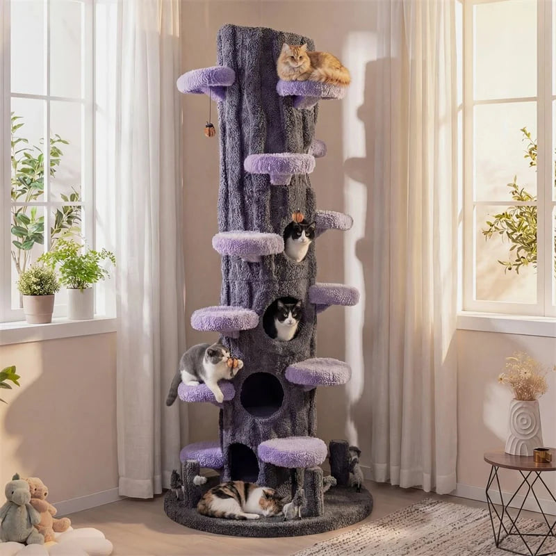 90.5" Tall Luxury Simulation Cat Tree, Modern Realistic Multi-Level Cat Tower w/ 5 Condos & Sisal Scratch Pad, Large Lifelike Indoor Cat Tree