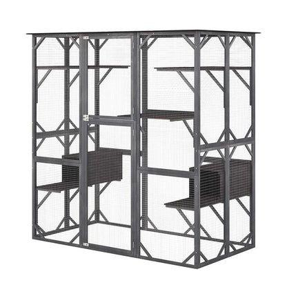 71" Tall Large Cat House Outdoor Catio Kitty Enclosure, Walk-in Cat Kennel Condo, Wooden Cat Cage Playpen with 7 Platforms
