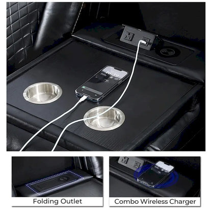 Power Reclining Sofa with Wireless Charger,Reading Light for Living Room,Faux Leather LED Light,AC/USB Port,Cup Holder,Black