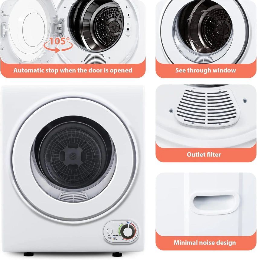Compact Laundry Dryer, 3.5 cu ft Front Load Stainless Steel Clothes Dryers With Exhaust Pipe, 1500W, LCD Control Panel Four-Function Portable Dryer For Apartments, Home, Dorm, White