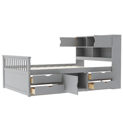 Twin/Full Size Captain Platform Bed with 4 Drawers and Storage Shelves, Solid Wood Bed Frame with Storage Bookcase Headboard