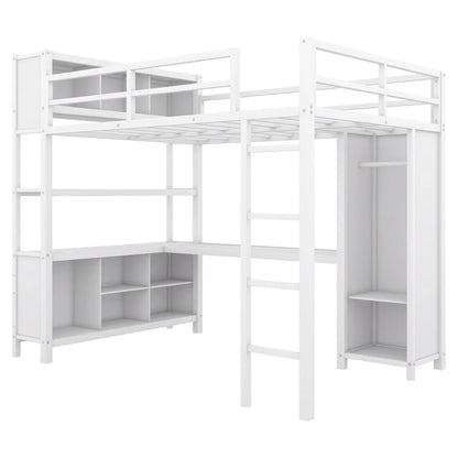 Off-White Metal Loft Bed with Desk and Wardrobe - Full Size