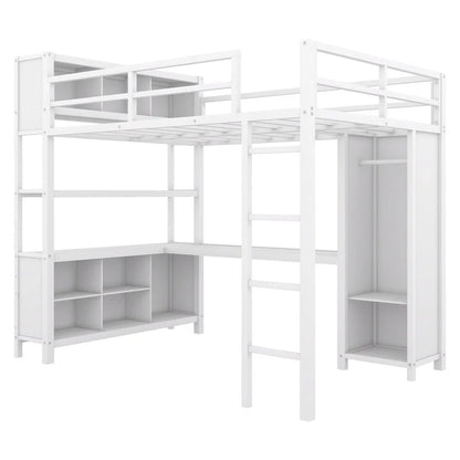 Off-White Metal Loft Bed with Desk and Wardrobe - Full Size