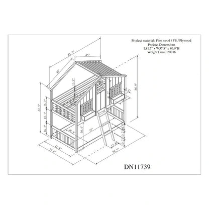 Twin over Twin House Bunk Bed with Roof , Window, Window Box, Door , with Safety Guardrails and Ladder, Grey