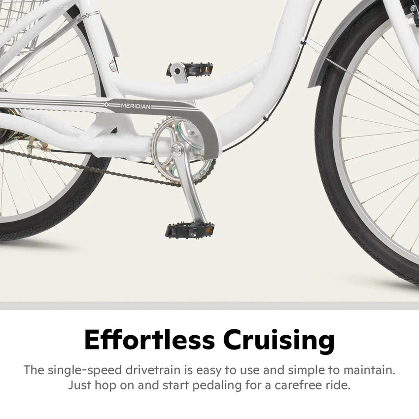 2025 Schwinn Meridian Adult Tricycle Bike Mens and Womens Three Wheel Beach Cruiser 26-inch Wheels Low Step-Through Frame Wide Seat Rear Folding Basket Sin