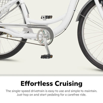 2025 Schwinn Meridian Adult Tricycle Bike Mens and Womens Three Wheel Beach Cruiser 26-inch Wheels Low Step-Through Frame Wide Seat Rear Folding Basket Sin