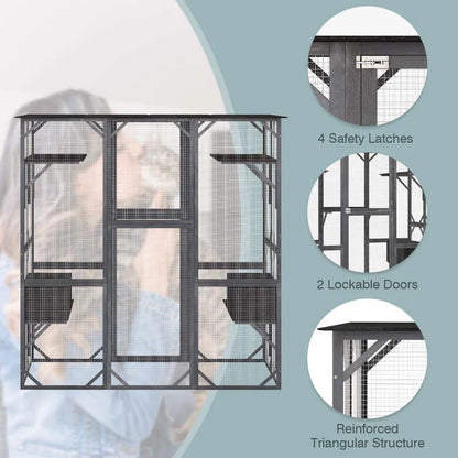 71" Tall Large Cat House Outdoor Catio Kitty Enclosure, Walk-in Cat Kennel Condo, Wooden Cat Cage Playpen with 7 Platforms