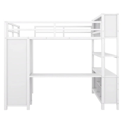 Off-White Metal Loft Bed with Desk and Wardrobe - Full Size
