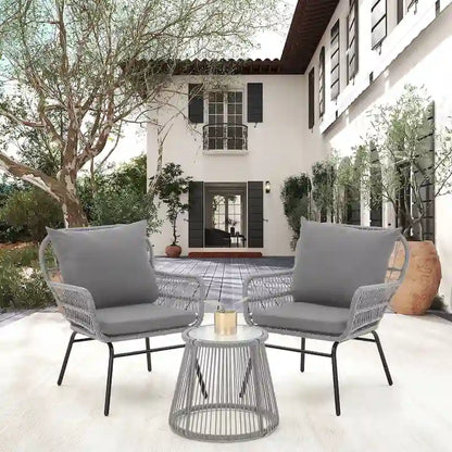 3-Piece Patio Conversation Bistro Set, Outdoor Rattan Furniture Set with Glass Table & 2 Wide Armchairs, Seat Cushions
