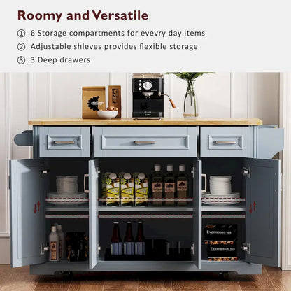 54 Large Kitchen Island with Rubber Wood Drop Leaf, Embossed Texture Rolling Kitchen Cart on 4 Wheels with 4 Doors & 3 Drawers