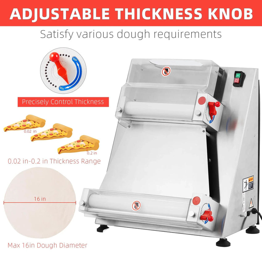 Commercial Pizza Dough Roller Sheeter, Max 16", Automatic 370W Electric Pizza Dough Roller, Stainless Steel, Suitable for Noodle, Pizza Bread and Pasta Maker Equipment