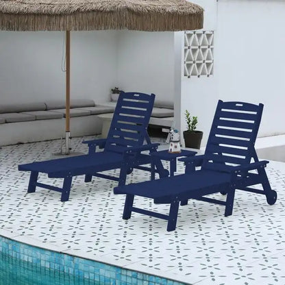 3-Piece Patio Set  2 Oversized Chaise Lounges (5-Position, Wheels, Cup Holder) + Side Table, All-Weather Wood Texture.
