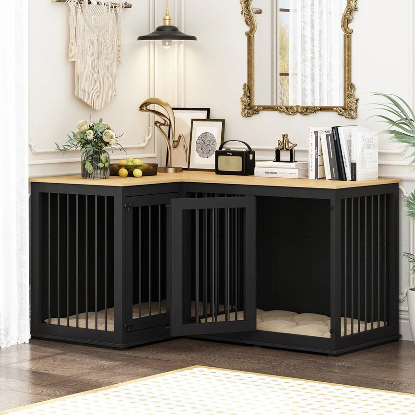 Large Corner Dog Crate Furniture for 2 Dogs, L Shape Dog Crate Cage - 58.7X41.1